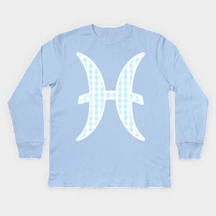 Pisces Zodiac Horoscope Symbol in Pastel Blue and White Gingham Pattern Kids Long Sleeve T-Shirt